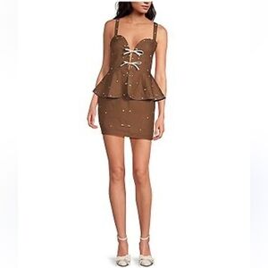 Fanm Mon Helaina Floral Embroidered Bow Front Sweetheart Mini Dress NEW $388